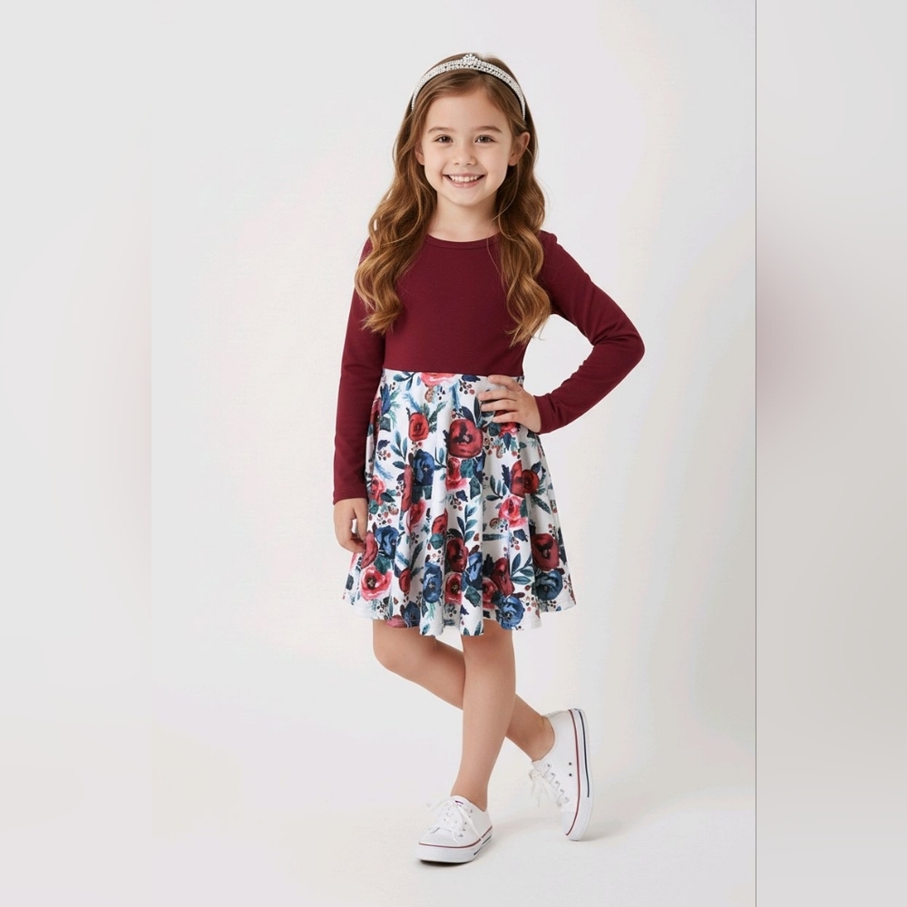 La-ti-da Kids Boutique Floral Burgundy Kids Boho Swing Shift Style Dress EXC
